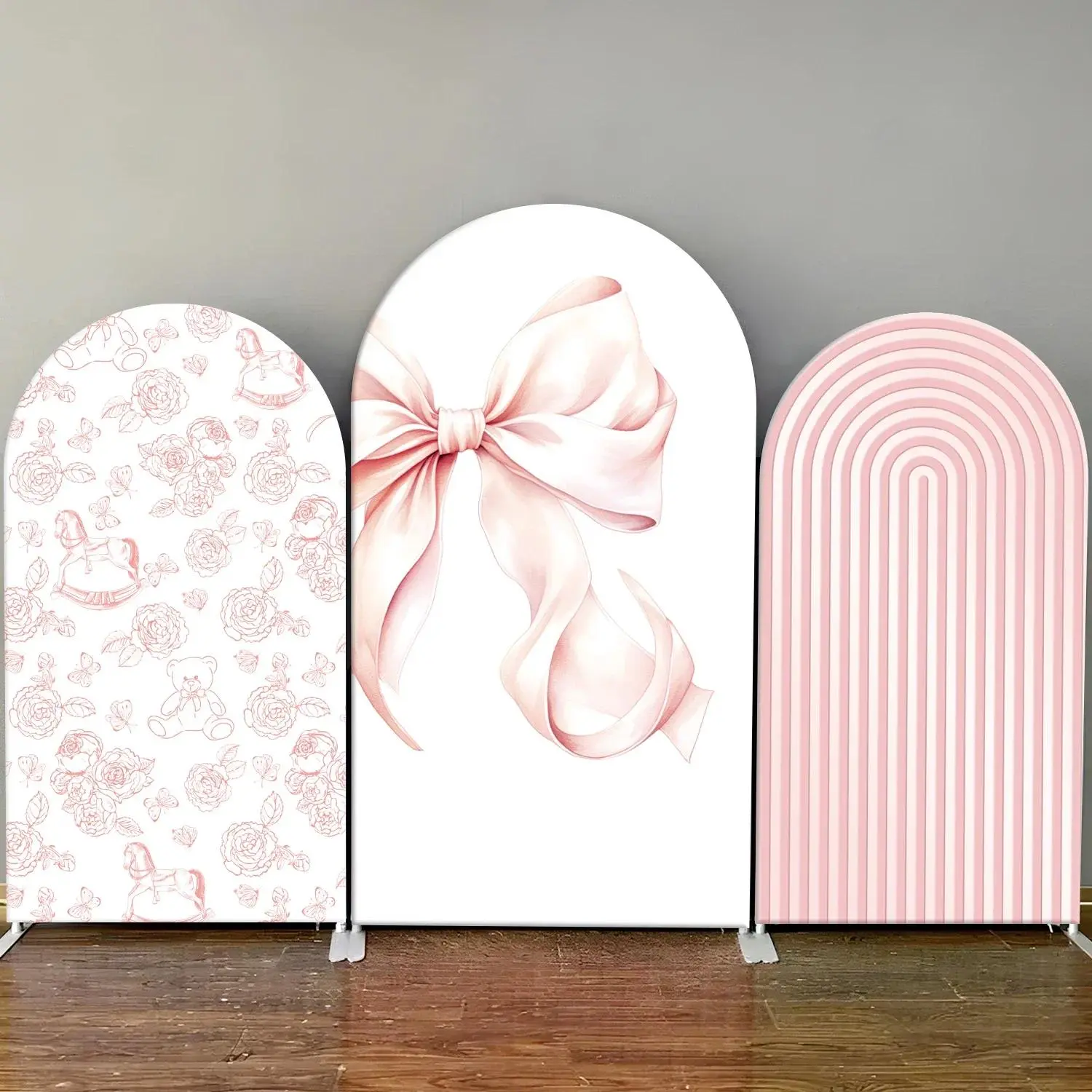 Girl's Birthday Arch-Shaped Background Cover With Pink Bow Tie Theme for Baby Shower Party Decoration Photography Background