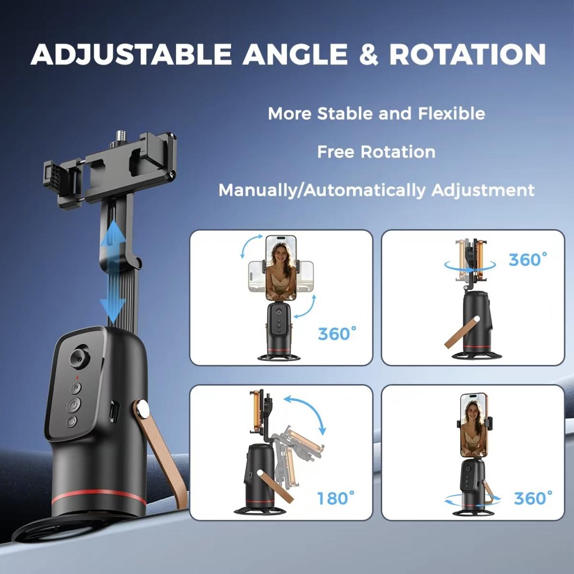 Automatic face-tracking tripod with gesture control, 360° rotation; phone camera mount for body/face shots; smart tracking holder for live vlogging and video streaming; selfie accessories; 360 rotating phone stand Automatic face-tracking tripod with gesture control, 360° rotation; phone camera mount for body/face shots; smart tracking holder for live vlogging and video streaming; selfie accessories; 360 rotating phone stand