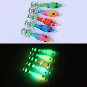 5 Pcs Night Glow Squid Hooks Pack of 5, Artificial Luminous Soft Bait, Squid Trap Hooks, Blowpipe Fishing Wooden Shrimp Baits