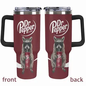 Funny Raccoon Drinking DR Pepper 40oz Tumbler with Handle, Cool Trash Panda in Sunglasses Insulated Stainless Steel Mug, Maroon Soda Lover Gift, Vacuum Travel Cup with Straw Lid, Gift for Raccoon Fans, Gift for DR Pepper Fans