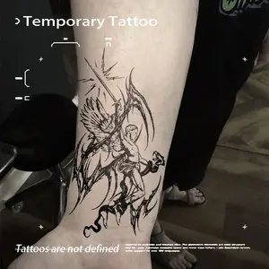 Dark St. Michael Slaying Demon Herbal Juice Tattoo Sticker, Semi-Permanent Waterproof Long-Lasting Non-Reflective, Realistic Tattoo for Calf & Arm