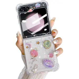 P-PCS021    for Samsung Galaxy Z Flip 5 Case Bling Glitter for Girls Women Cute Clear Shiny Sparkle Planet Stars, Soft Silicone Shockproof Cover Protective Phone Case for Samsung Z Flip 5 5G(Clear)