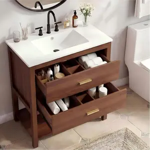 30″ Modern Bathroom Vanity with Ceramic Sink Integral Basin, 2 Soft‑Close Drawers & Open Shelf, Space‑Saving Bathroom Storage Solution – Walnut