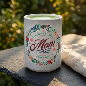 Reusable Ceramic Mug - 11oz-15oz Glossy "Best Mom" Mom Graphic Mug, Floral Wreath Print, Washable Microwave-Safe Kitchenware Drinkware, Ceramic Mugs