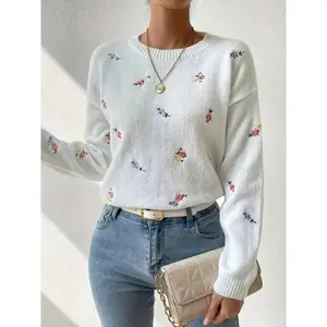 Women’s floral embroidery crew neck sweater, elegant long-sleeve jumper for daily outdoor wear, women’s knitwear for fall and winter