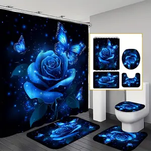 1/4pcs Blue Rose & Bathroom suite - Shower Curtain with Bath Mat, U-Shaped Mat & Toilet Lid Cover + 12 Hooks - Elegant Blue Roses & Butterflies Design, Soft Fabric, Complete Bath Decor Set (180x180cm Curtain)