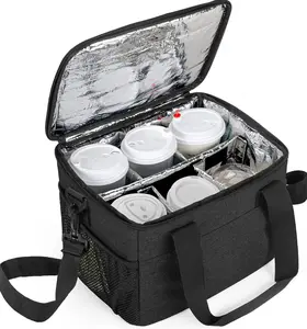 Reusable 6-Cup Drink Carrier with Adjustable Insulated Dividers, Durable Nylon Outer, Aluminum Foil Lining, Handle & Shoulder Strap, Transparent ID Feature for Outdoor, Daily Takeout Use