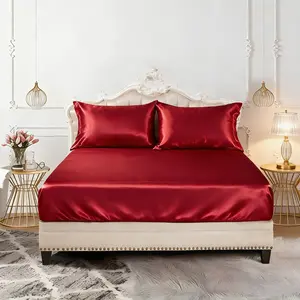 Satin Fitted Sheet Set 3PCS Silky Bed Sheet Set with Pillowcases Soft Smooth Cooling Deep Pocket Bedding Set