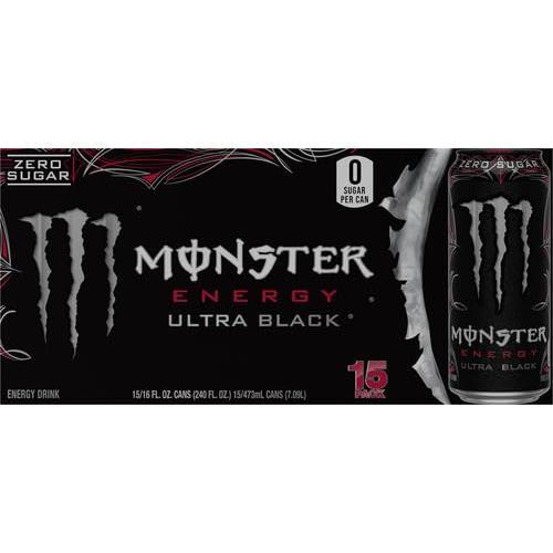 Monster Energy Ultra Black, Sugar Free Energy Drink, 16 Ounce (Pack of 15)