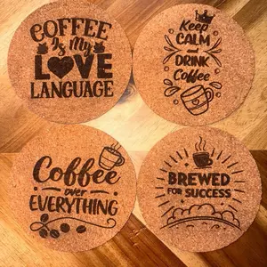 Set of 4 Cork Coasters - Coffee Lover Designs for Table Protection and Style