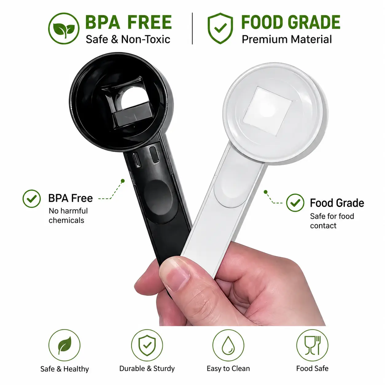 Protein Powder Sliding Scoop Funnels - 1 White + 1 Black Food Safe Kitchen Utensil, Coffee Scoop for Smoothie Preparation