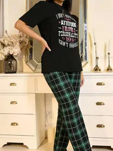 Oversized Slogan Graphic T Shirt & Plaid Pants 2 Piece Set, Y2K Streetwear Matching Outfit, Casual Loose Loungewear Pajama Set, 90s Retro Grunge Aesthetic, Comfy Daily Wear Street Style, Green Black Plaid Option