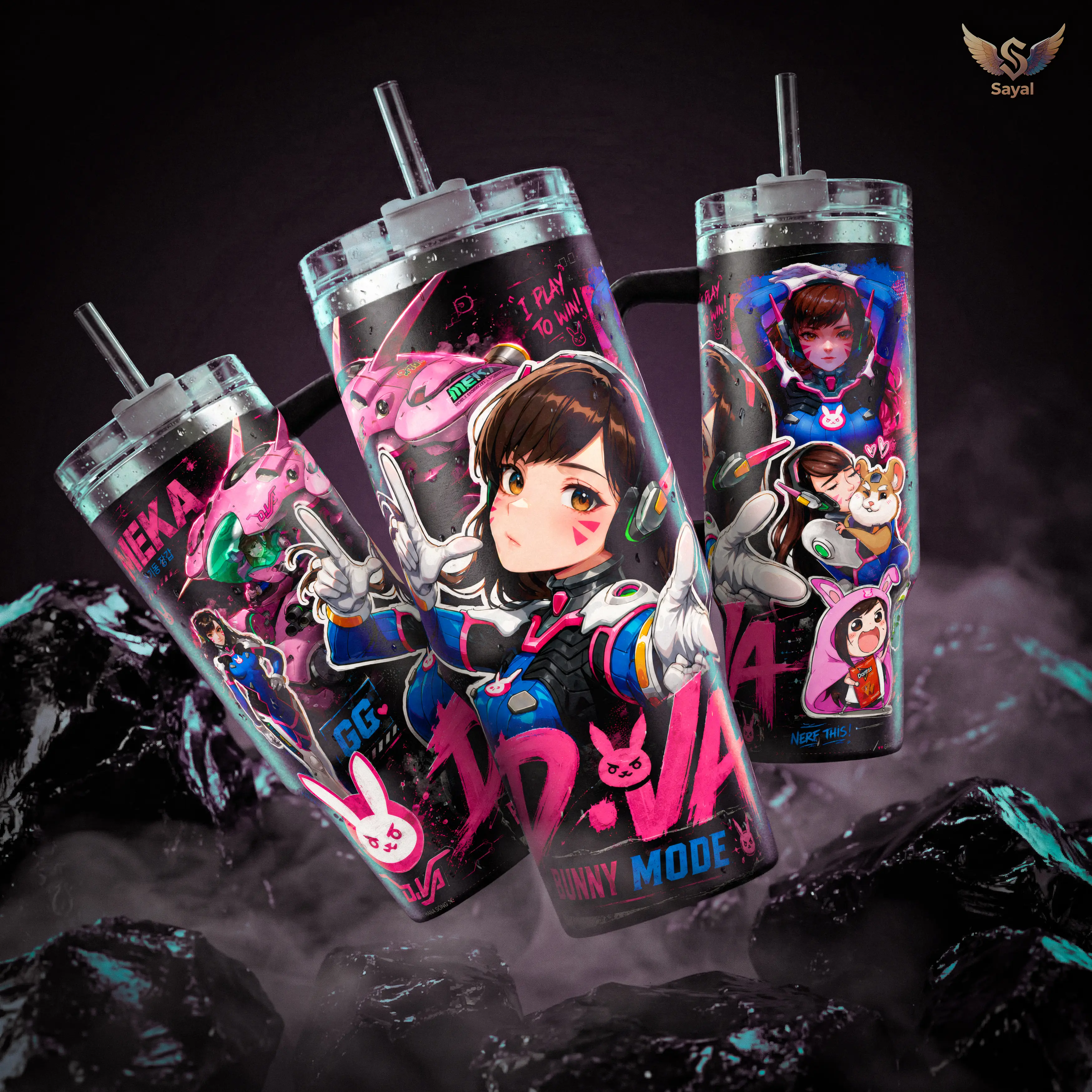 D.Va Nerf this Overwatch Bunny Mode 40oz 20 oz Insulated Cup Handle Straw Stainless Steel Keeps Drinks Hot Cold Pink Mecha Gaming Merch For Fans Gift Water Bottles Drinkware Bottles