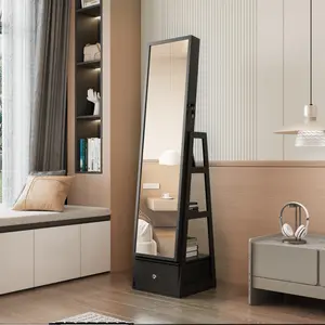 Lockable 360-Degree Swivel Vanity Jewelry Dresser Cabinet with Full-Length Mirror, Interior Lighted Mirror, Metal Shelf, Acrylic Ring Storage Drawers, Safety Lock, Elegant Hanging Box, Standing Armoire Organizer, Black Indoor Furniture Cupboard