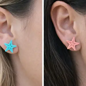 Wooden Stud Starfish Earrings - Blue and Pink Colors, Unique Design, Perfect for Everyday Wear