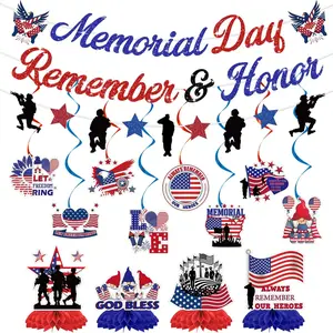 Memorial Day Decorations, Memorial Day Banner Set 3 count Pre-Strung  Glitter Banners 8  Swirls 3 Honeycomb Centerpieces, Patriotic Event Decorations for Office  Party