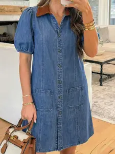 Denim Short Puff Sleeve Color Block Shirt Collar Patchwork Mini Dress,  Breathable Cotton Denim and a Contrasting Collar Design.