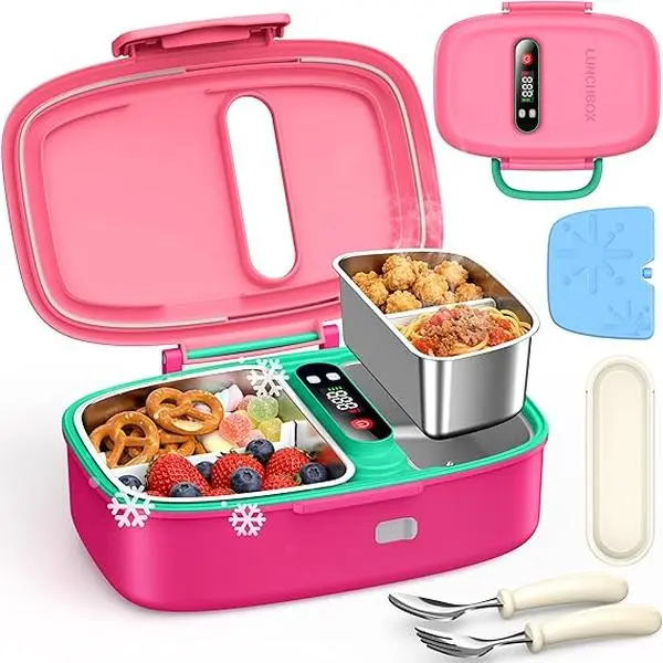 Cordless electric lunchbox for kids, with ice pack, cool and warm zones, preheating function, portable leak-proof lunchbox with cutlery, removable divider, suitable for girls and boys, pink.