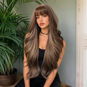 30 Inch Cool Brown Base with Ash Blonde Highlights Air Bangs Long Wavy Wig | Heat Resistant Synthetic Hair Natural Scalp | Ideal for Gentle & Chic Daily Looks