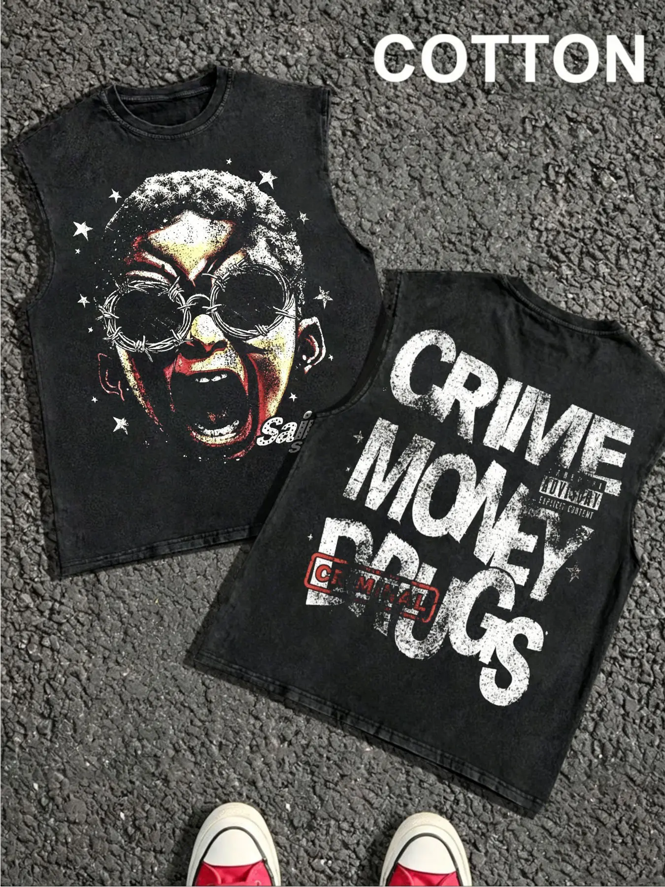 1 PCS Barbed Wire Portrait Crime Money Drugs Criminal Front & Back Distressed Graphic Print, Vintage Hip Hop Grunge Streetwear, 100% Cotton Breathable Unisex Tank for Urban Rap Style Daily Casual Wear