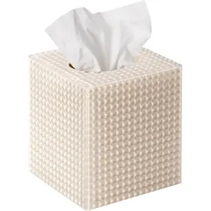 Square Modern Acrylic Tissue Box Cover Aesthetic Cube Napkin Dispenser for Bathroom Vanity Countertop Night Stand Office Beige
