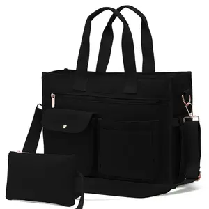 Large Canvas Tote Bag Set 2PCS for Women Work Teacher College Travel Shoulder Handbags Crossbody Laptop Purse with 14 Pockets & Detachable Inner Pouch