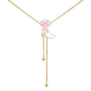 Cowboy Boot Pendant Necklace with Pink Bow Western Country Cowgirl Style Charm Choker Adjustable Long Chain Jewelry for Women Perfect for Christmas New Year Valentine's Day Birthday Gifts