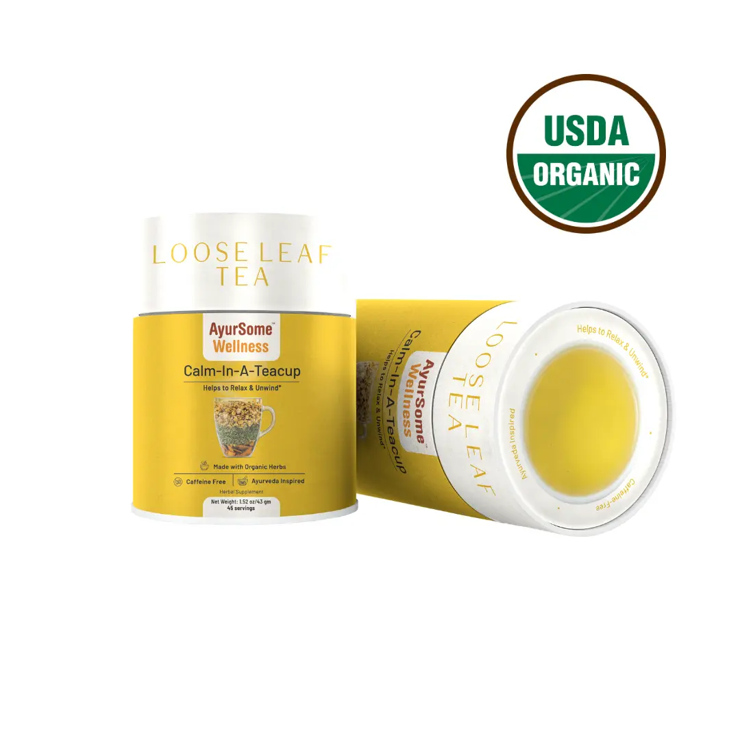 AyurSome Wellness Calm-In-A-Teacup Evening Tea USDA Organic Chamomile Lemon Balm Mint Cinnamon Blend for Digestion & Sleep 100% Organic Herbal Tea 1.52 oz loose leaf tea