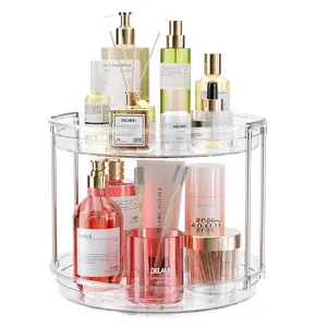 360 Rotating Lazy  Bathroom Organizer Countertop 2 Tier 9.25inch Clear Makeup Skincare Perfume Storage for Vanity Compact Space Saver