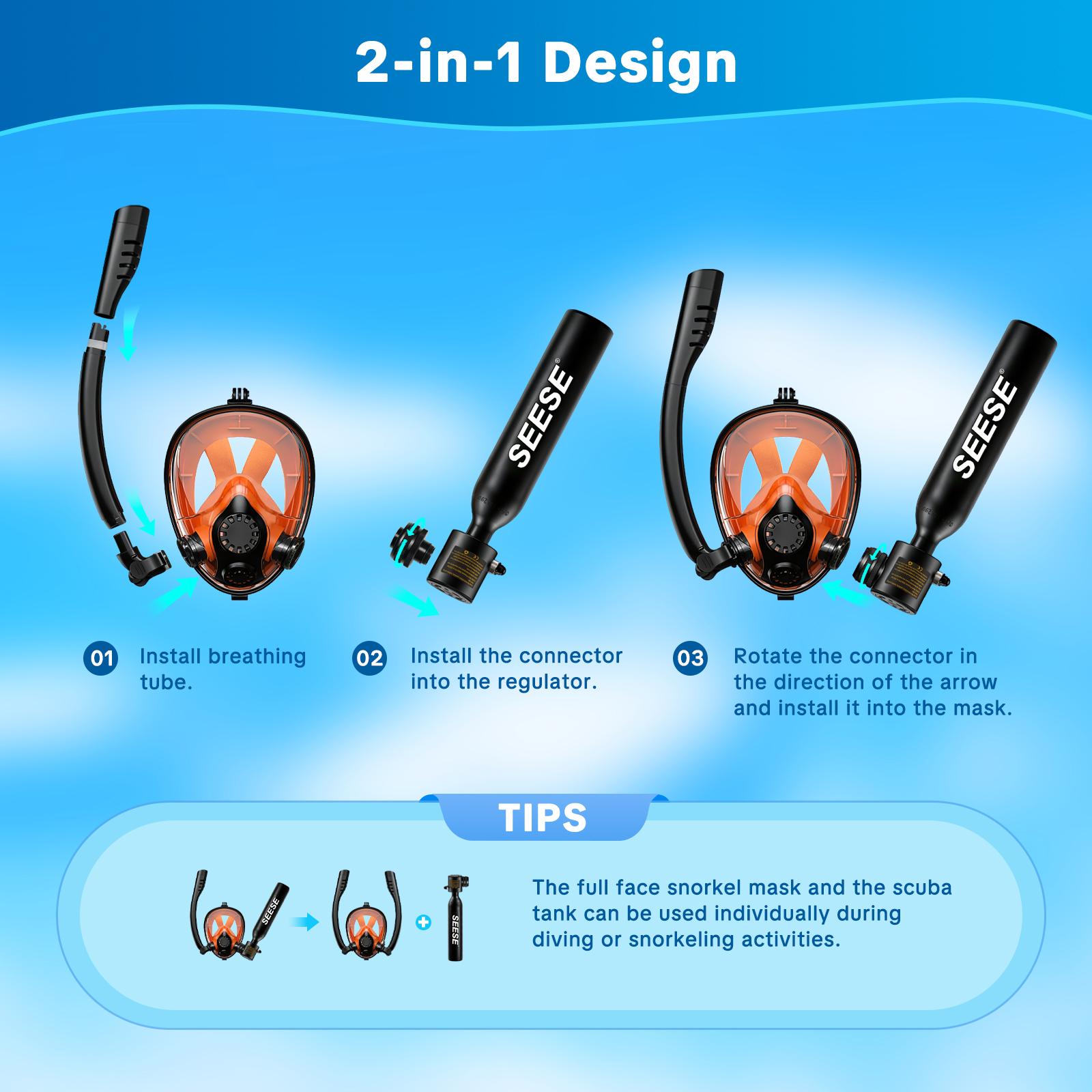 SEESE Mini Scuba Tank (No Inflatable Device) with Snorkel Mask 0.5L Portable Small Diving Tank with Full Face Diving Mask Reusable DOT Certified Pony Bottle Diving Cylinder Kit