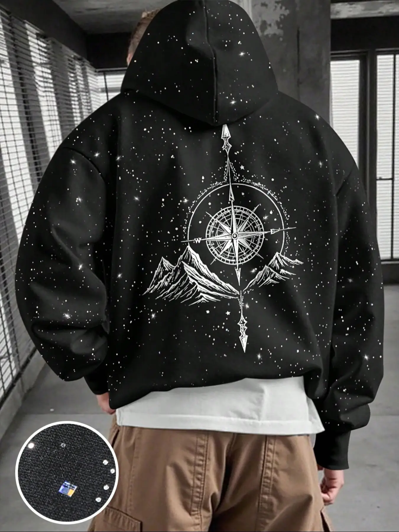 Men's Fall Winter Fleece Hoodie, Silver Color Sequins, Kangaroo Pocket, Casual Loose Fit, Drawstring, Long Sleeve, Fashionable Sweatshirt