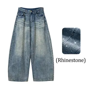 Inflation Rhinestone Wide Leg Jeans Y2K Streetwear Baggy Denim Pants Sparkle Vintage Washed Distressed Jeans
