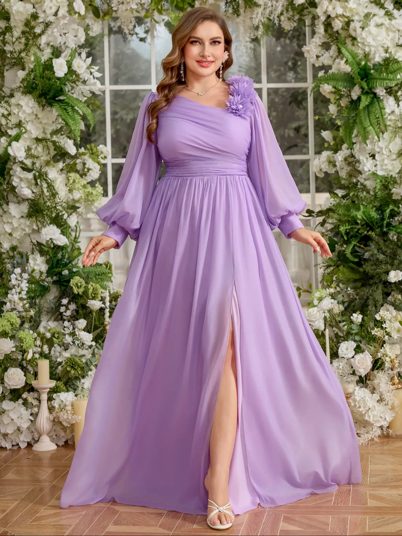 Women's V-Neck Floral Lantern Sleeve Fitted Dress, Elegant High Slit Formal Wear Evening Party Gown, Pure Color Silk Chiffon Skirt, Plus Size Fashion Elegance Womenswear, Maxi, Chiffon Dresses, Long Sleeve