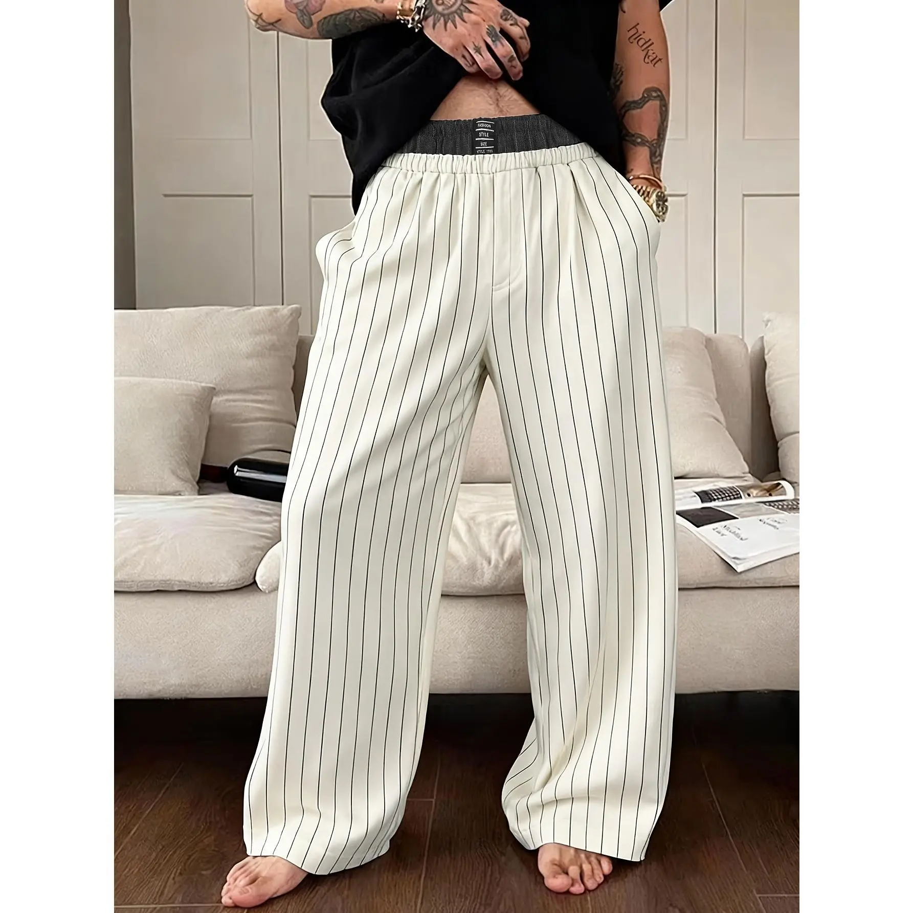 HIDKAT Men's Milky Faux 2 Piece Double Layer Cotton Blend Broad Leg Pants Mid Rise, Loose, Chic, Fashionable, Color Blocked Striped, Embroidered, Straight with Pockets, Light Business & Casual All Season Menswear, Broad Leg Men's Pants, Chic Men's Pants