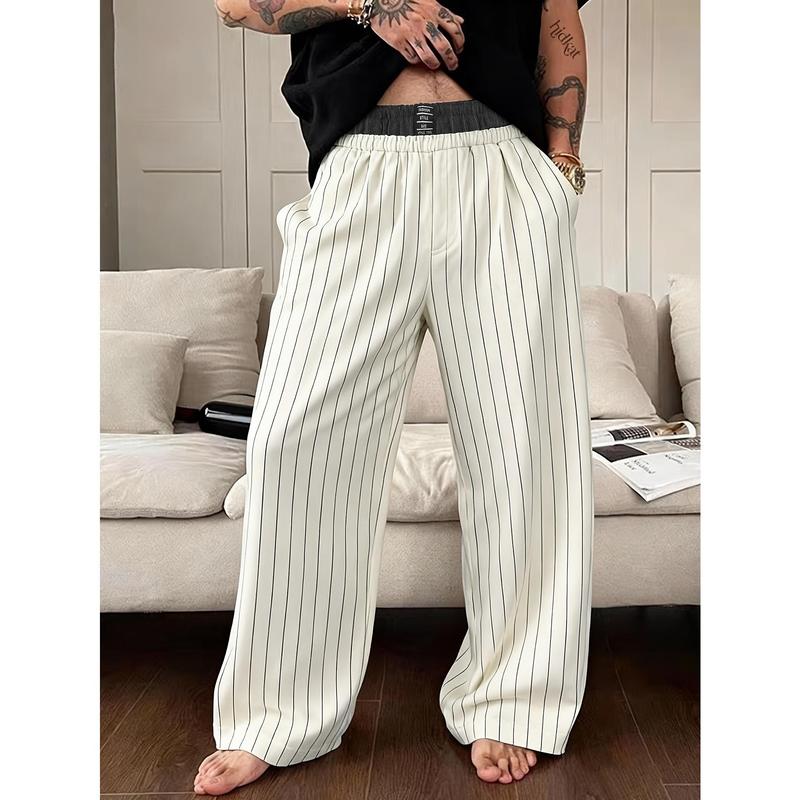 HIDKAT Men's Milky Faux 2-Piece Double Layer Cotton Blend Broad-Leg Pants, Mid-Rise, Loose-Fit, Baggy, Oversize, Chic, Color-Blocked Striped, Embroidered, Straight with Pockets, Light Business & Casual Street All-Season Sport & Outdoor Joggers
