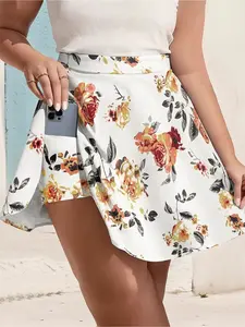 Plus Size Floral Print High Waist Fitted Skort with Pockets, Casual Style, High Waisted Skorts