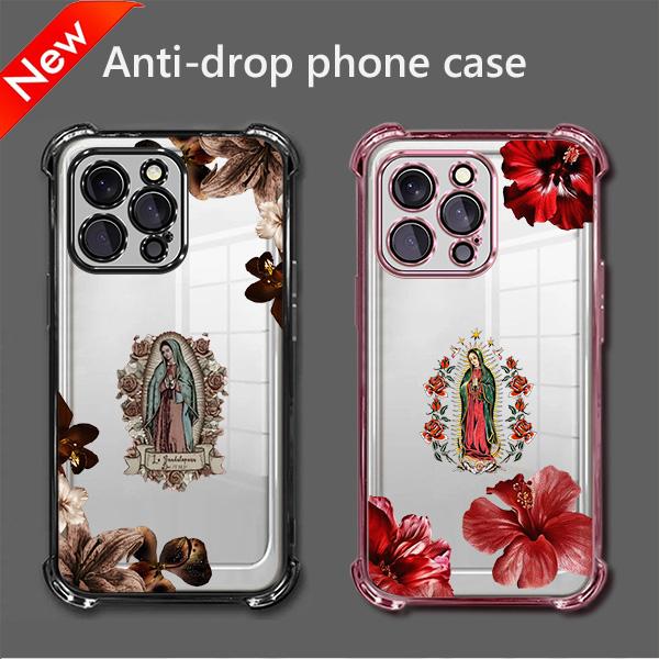Virgin Mary and Flowers Pattern Phone case for iPhone 17Pro Max Air 16Plus E 15 14 13 12 11 Samsung Galaxy S26Ultra S25 S24FE S23 S22 cases, Soft TPU, Bumper Drop Protection, Rugged Durable Back Cover, Perfect Gift for Girls anti-fall mobile phone case
