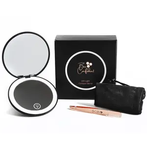 Bee Confident LED Compact Mirror with Light – Distortion-Free 5X Magnification and 3 Light Settings, Rechargeable, Velvet Carry Bag with FREE Slanted Tweezers