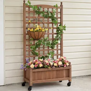 Costoffs 50" H Raised Garden Bed with Trellis & Wheels Standing Vertical Horticulture Planter Box for Vine Climbing Plants/Flowers/Herbs Brown