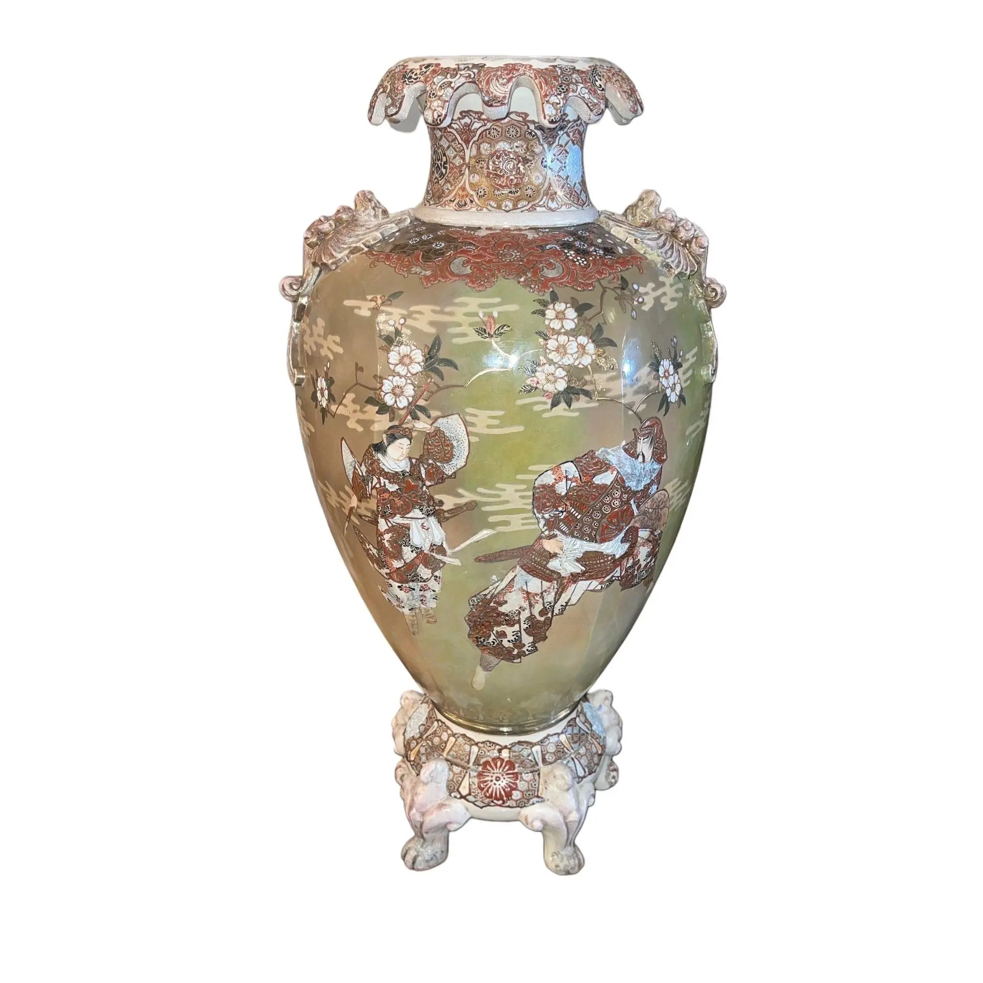 Large Antique Japanese Satsuma Earthenware Floor Vase Meiji Style, Early 20th C.