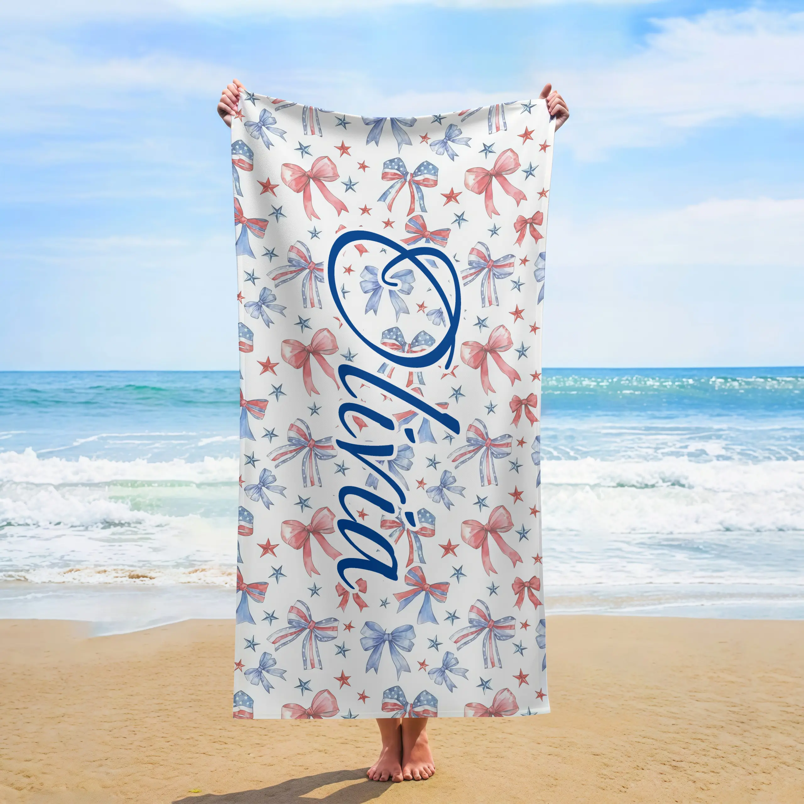 Custom Name Patriotic Bows Beach Towel 4th of July Coquette Watercolor Personalized Towel  Independence Day Gift