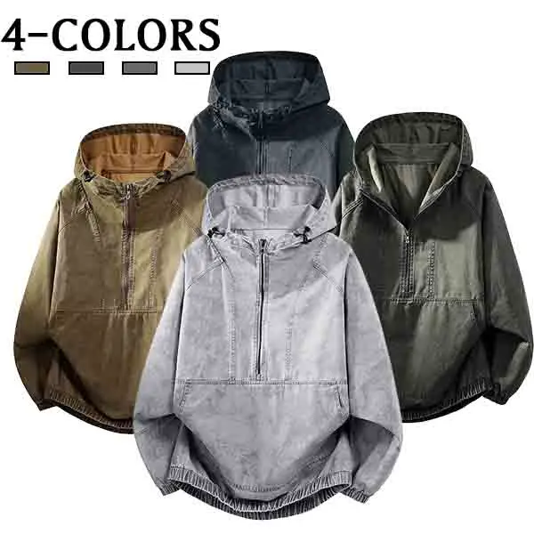 1-pack men’s 100% cotton denim half-zip hooded jacket — casual street-style pullover hoodie jacket