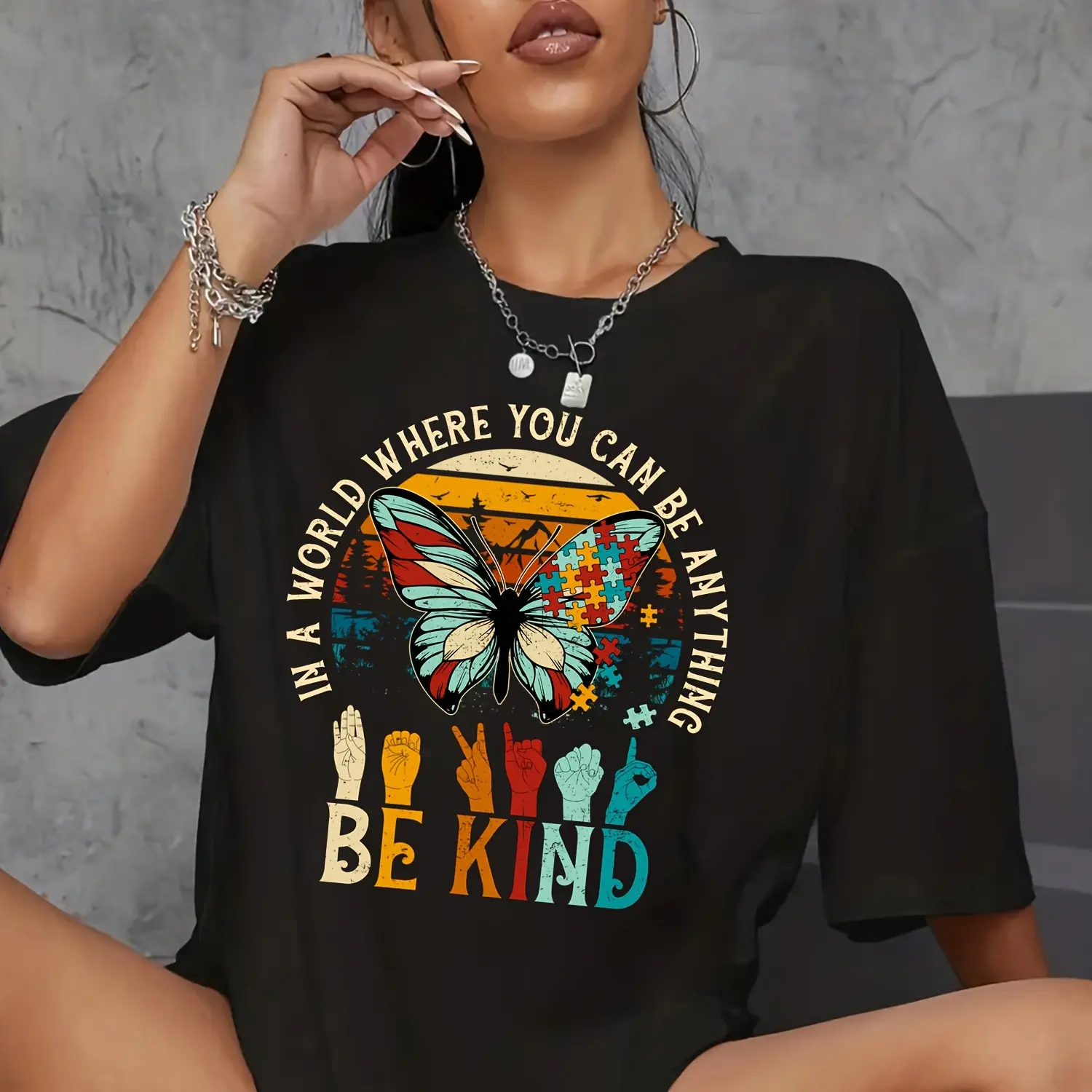 Women's Fit Printed Cotton T-shirt - "Be Kind In A World Where You Can Be Anything" Graphic Top, Everyday Casual Womenswear Tee