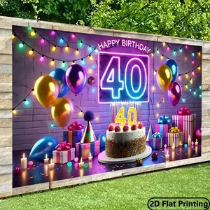 40th Birthday Party Backdrop - Extra Long Neon "Happy Birthday 101.6cm Decoration with Balloons, No Electricity Needed, Large Birthday Banner for 40th Birthday Party Decorations, Anniversary, Halloween, Christmas - Indoor/Outdoor Party Decorations White