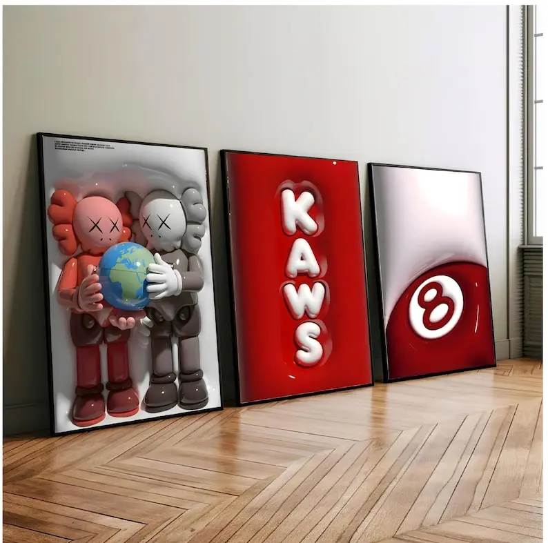 Set Of 3 HypeBeast Room Decor, Hypebast kaws Poster Print Unframed, Cool Wall Art Set,, 3D Wall Art Bundle, HypeBeast Wall Art, Trendy Wall Art,