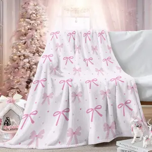Pink Bow Flannel Fleece Throw Blanket, Multi-Use Cozy Blanket for Sofa Bed Cover, Office Nap, Car, Camping, Travel, Pet Blanket, Lightweight Coquette Blanket for Summer Air Conditioner Room