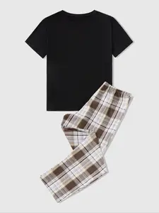 Men's Pocket Plaid Print Pyjama Two-piece Set, Regular Fit Short Sleeve T-shirt & Elastic Waist Trousers, Men's Sleepwear & Loungewear Set for All Seasons