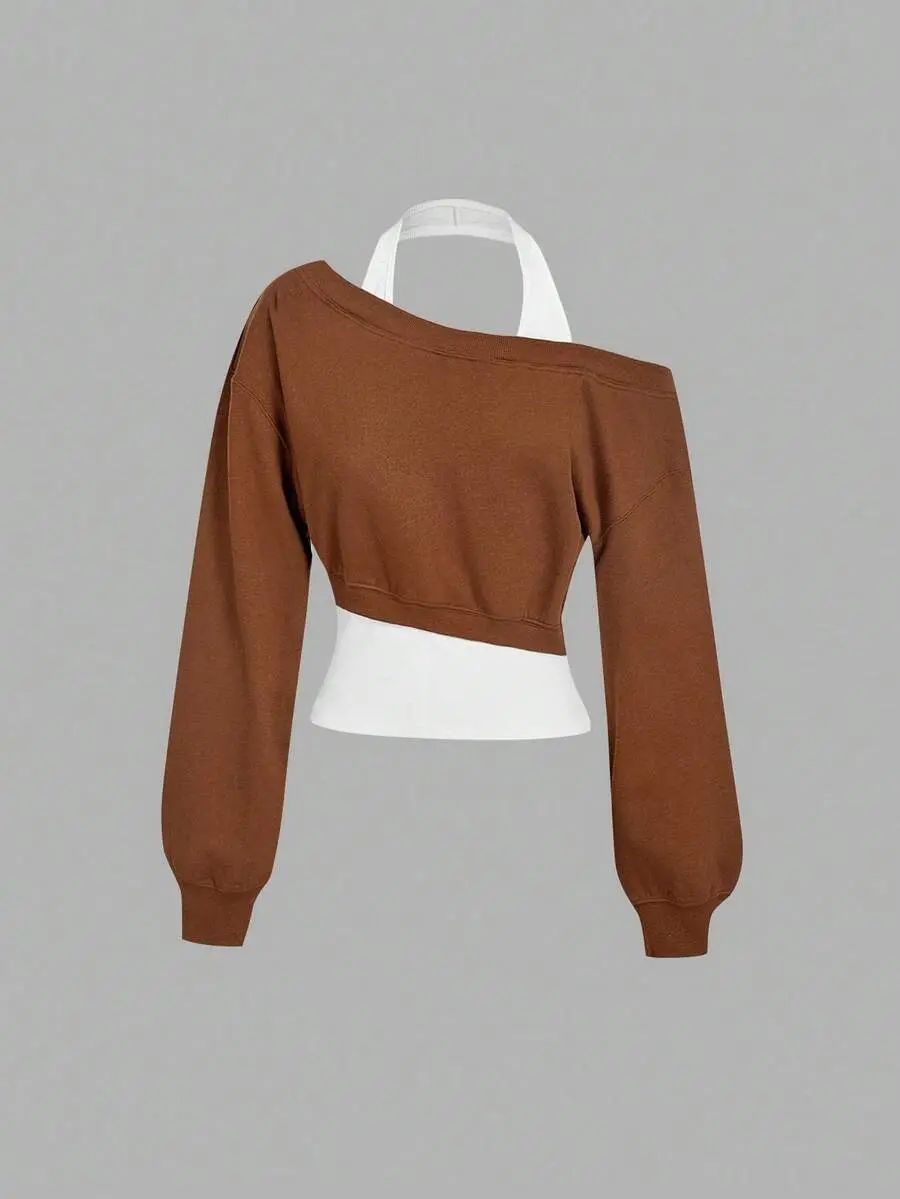 Women's Grey Asymmetric-Shoulder 2-in-1 Cotton Knit Pullover Top, Loose Cut Regular Length Solid Plain Sweatshirt for Autumn Winter, Sohochic, Warm Lined