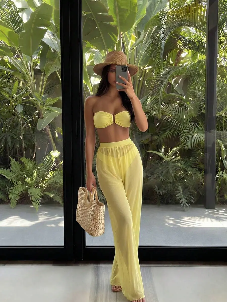 3Pcs/Set New Yellow Bandeau Top, Triangle Bottoms, And Mesh Beach Pants, Sexy Casual Holiday Party Swimwear, Bikini Set For Women
