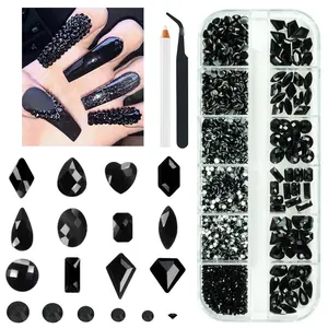 2052Pcs Black Nail Art Rhinestones Kit 72 Multi Shapes Crystal Flatback Rhinestones Gems +1980 Jet Black Round Beads Glass Stones Diamonds Jewels w Tweezer & Wax Pen for Nail Faces Eyes Makeup Crafts